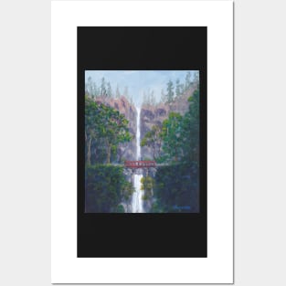 Waterfall, Trees, Bridge, Multnomah Falls, Oregon, Columbia River, Painting Posters and Art